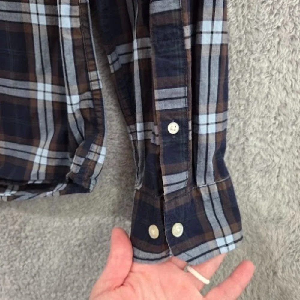 Banana Republic Button Up Shirt Men Large Tall (LT) Blue Plaid Untucked Slim Fit